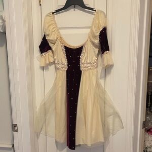 Cream and Burgundy Dress with Pearl Accents